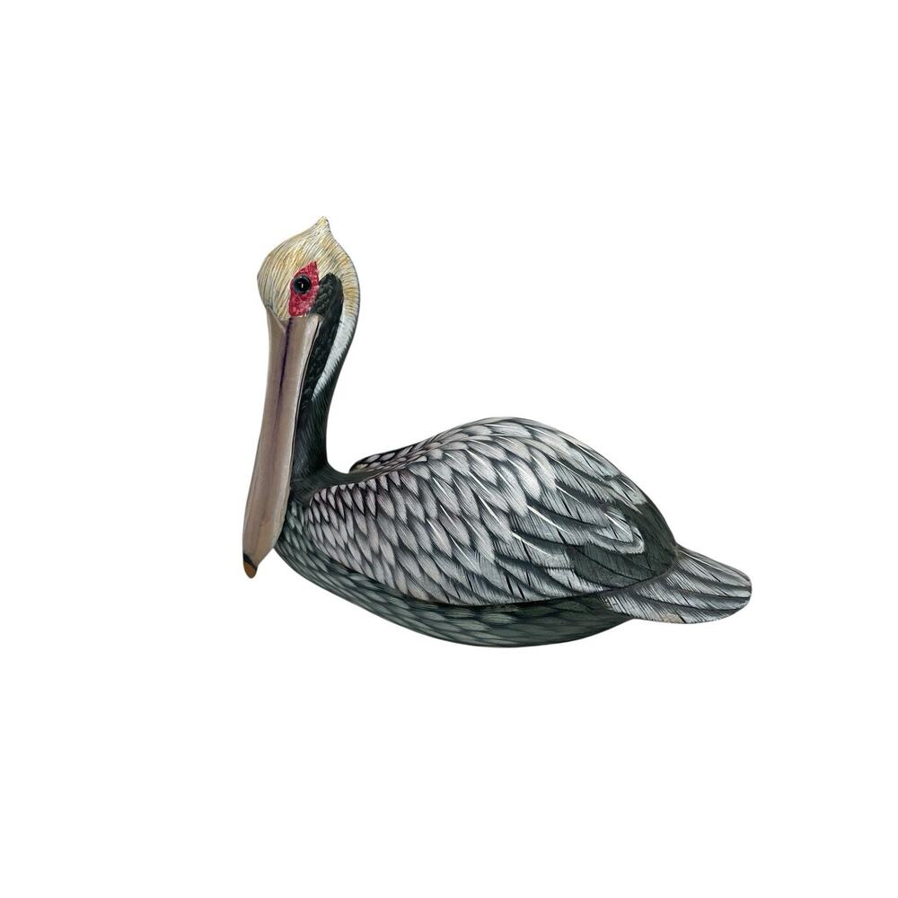 Vintage Hand Carved & Painted Wooden Pelican In A Seated Position Coastal Decor
